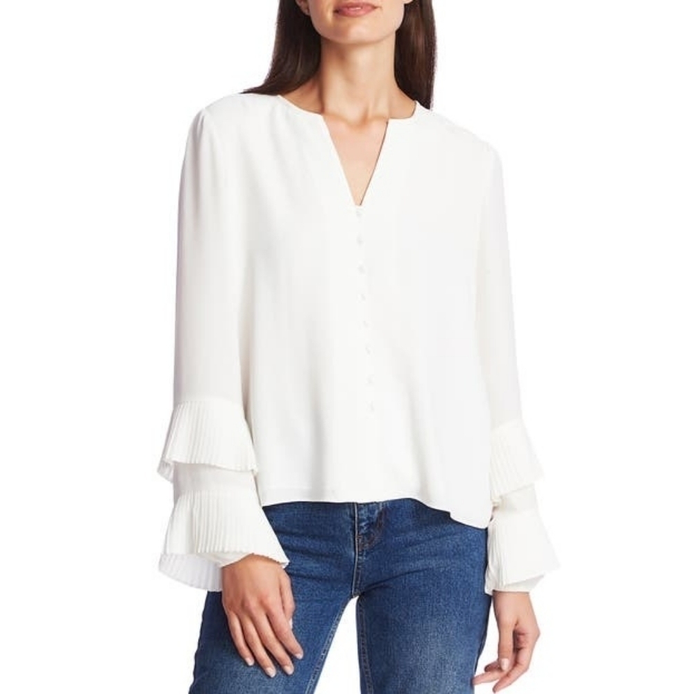 1.State pleated ruffle cuff blouse white button down size XS